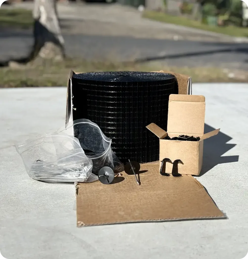 Solar panel bird proofing mesh, clips and installation hardware used for bird proofing installations