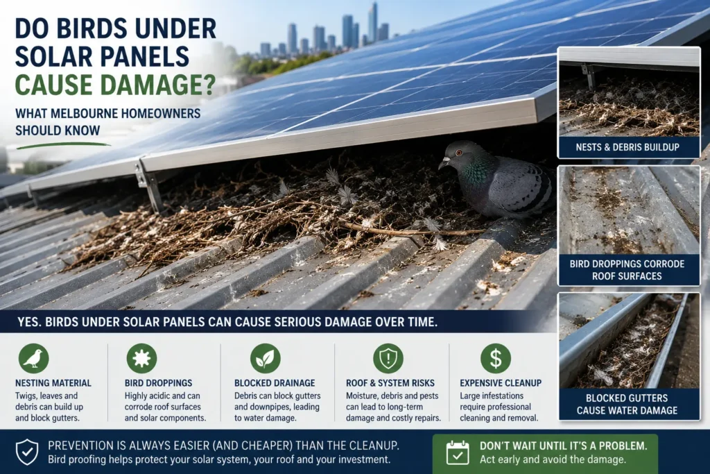 Pigeon nesting under residential solar panels in Melbourne, showing nesting debris, bird droppings and blocked gutters caused by bird activity beneath a solar system.