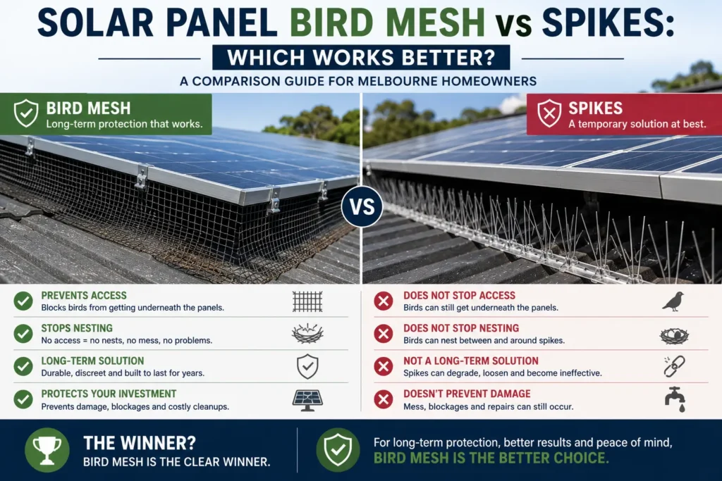 Comparison of solar panel bird mesh and bird spikes on a Melbourne rooftop, showing how bird mesh prevents pigeons from nesting under solar panels while spikes leave access points open.