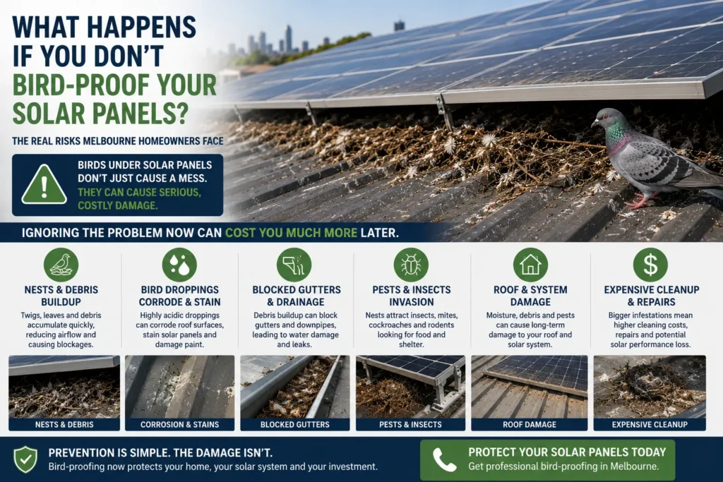 Severe pigeon infestation under residential solar panels in Melbourne, showing nests, bird droppings, blocked gutters and roof contamination caused by a lack of bird proofing.
