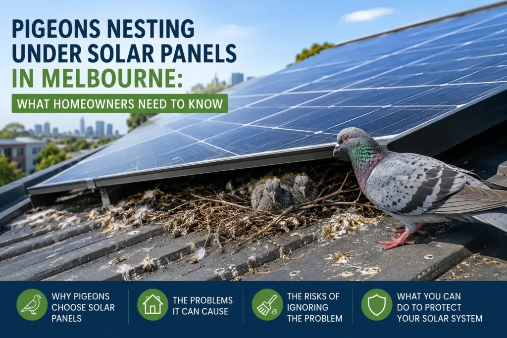 Pigeons nesting underneath rooftop solar panels in Melbourne, showing bird nests, debris and pigeon activity beneath a residential solar system.