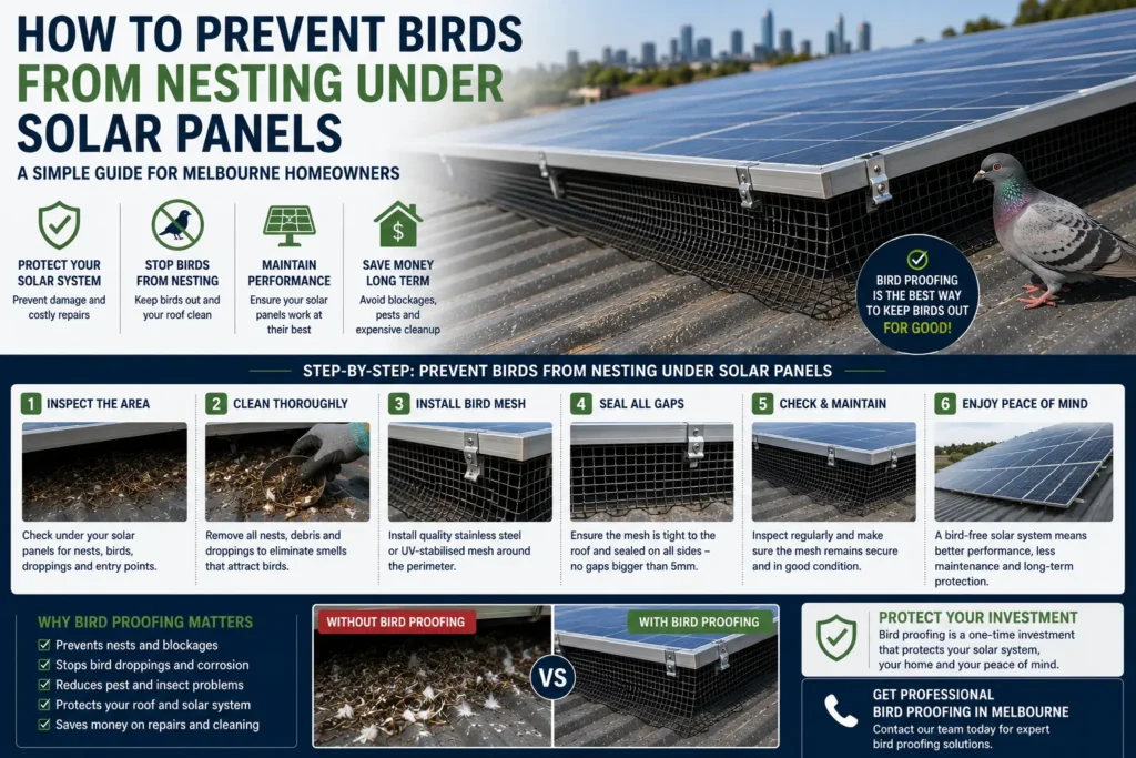 Solar panel bird proofing mesh installed around a residential solar system in Melbourne, demonstrating how to prevent pigeons and birds from nesting under solar panels.