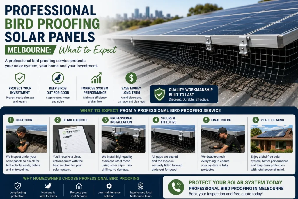 Professional bird proofing installation on residential solar panels in Melbourne, showing inspection, nest removal and bird mesh fitted with solar clips to prevent pigeons nesting underneath.