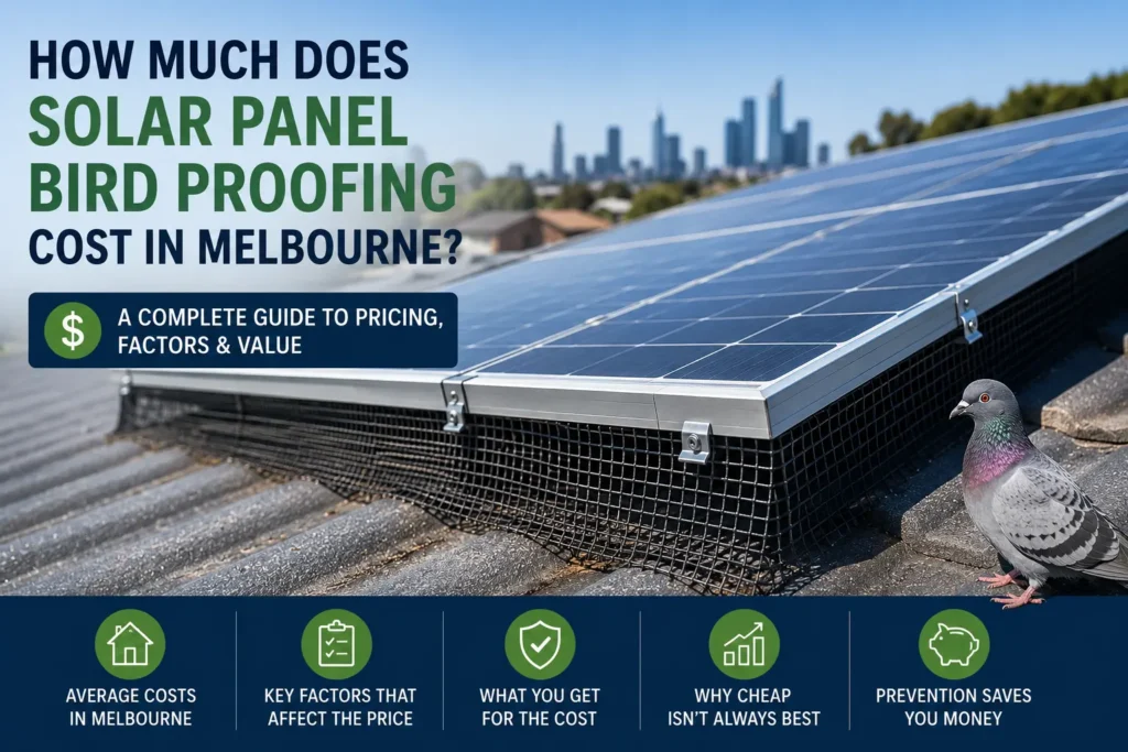 Solar panel bird proofing mesh installed around a residential solar system in Melbourne, showing professional pigeon prevention and solar panel protection.