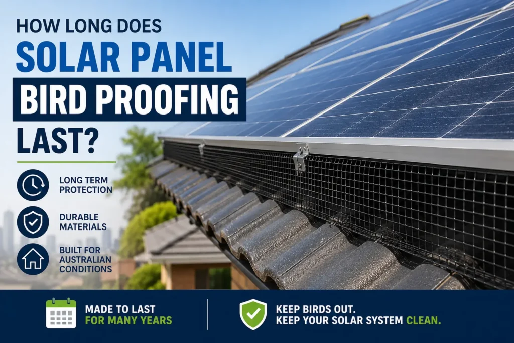 Solar panels with professionally installed black bird proofing mesh secured around the perimeter, demonstrating a long-lasting bird proofing solution for Melbourne homes.