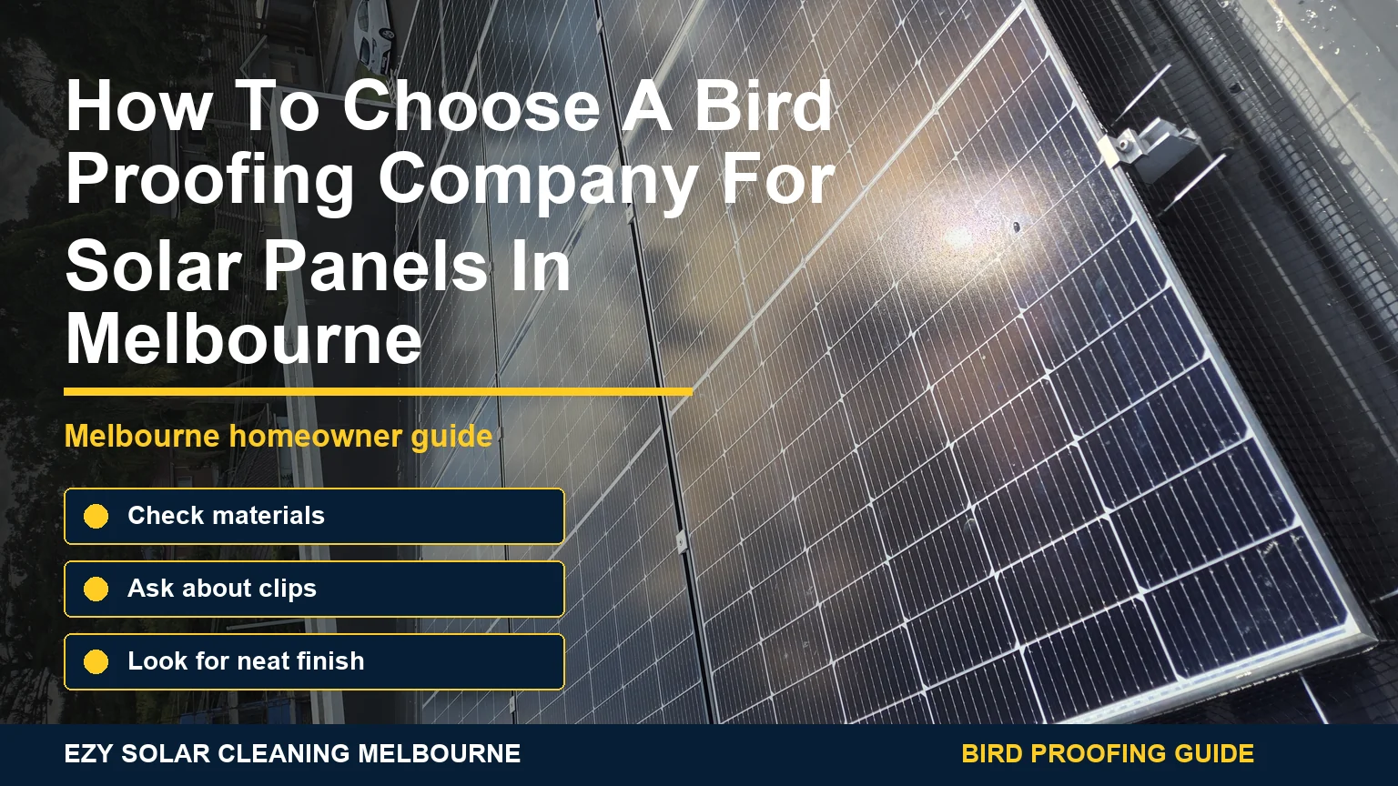 Real solar panel bird proofing installation with black mesh and infographic tips for choosing a Melbourne installer