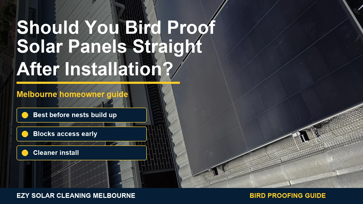 Real rooftop solar panels with black bird proofing mesh and infographic callouts about early bird proofing after installation