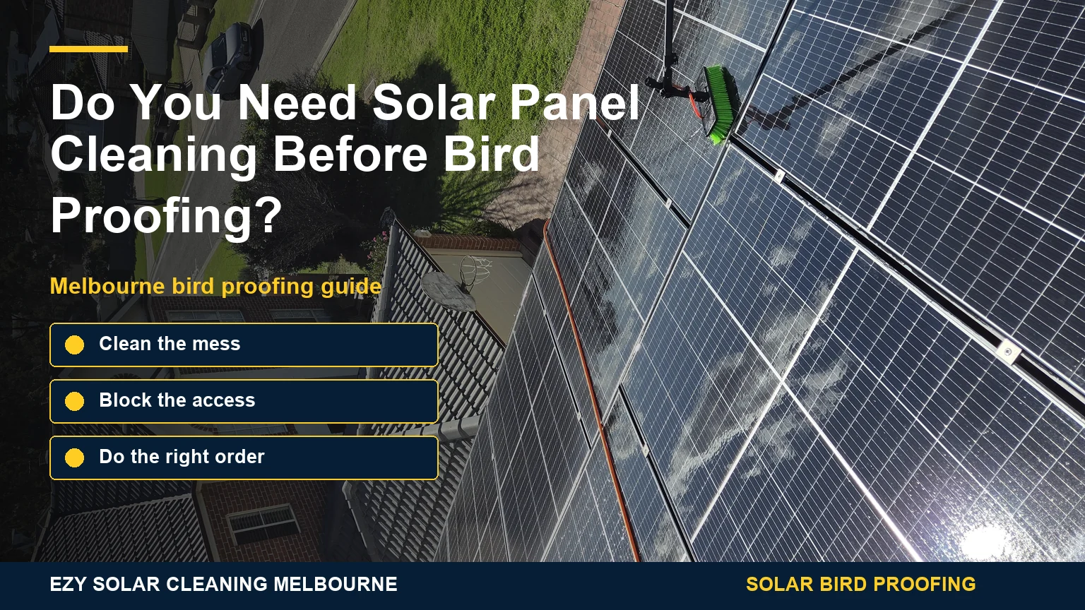 Solar panels being prepared for bird proofing and cleaning on a Melbourne roof